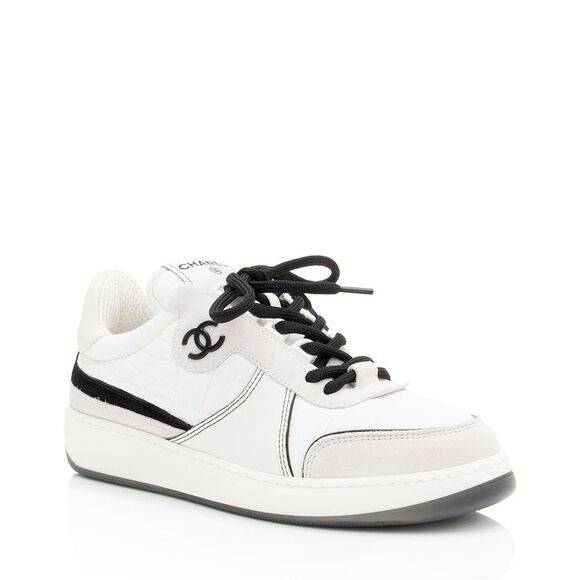 Chanel Shoes - Chanel Suede Calfskin Quilted Fabric CC Sneakers - Size 8 / 38